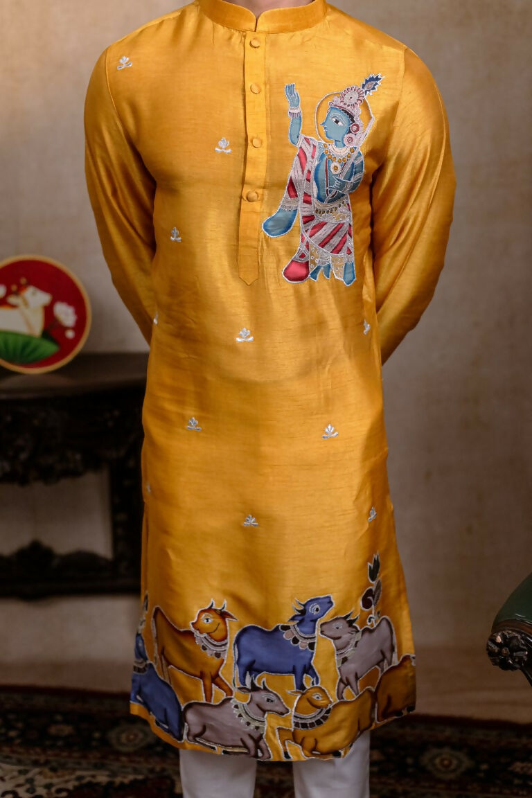 Falling Raw Silk Yellow Mural Krishna By Hilo Design - Distacart