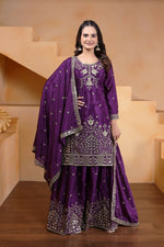 Thumbnail for Teeya Creation Purple Chinon Embroidery Work Party Wear Palazzo Suit - Distacart