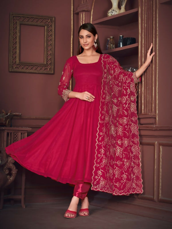 Jyoti Fashion Women's Rani Pink Georgette Embroidered Anarkali Kurta Pant Set With Dupatta - Distacart