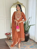 Thumbnail for The52 Rust Women's Gorgeous Embroidered Vichitra Silk Fabric Flared Kurta, Pant and Dupatta Set - Distacart