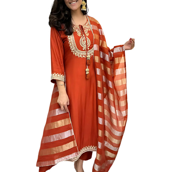 The52 Orange Women's Gorgeous Embroidered work Chanderi Fabric Straight Kurta, Pant and Dupatta Set - Distacart