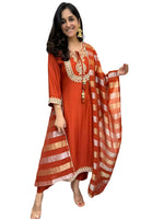 Thumbnail for The52 Orange Women's Gorgeous Embroidered work Chanderi Fabric Straight Kurta, Pant and Dupatta Set - Distacart