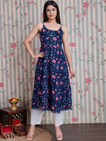 Thumbnail for Ode by House of Pataudi Floral Printed Shoulder Straps Anarkali Pure Cotton Kurta - Distacart