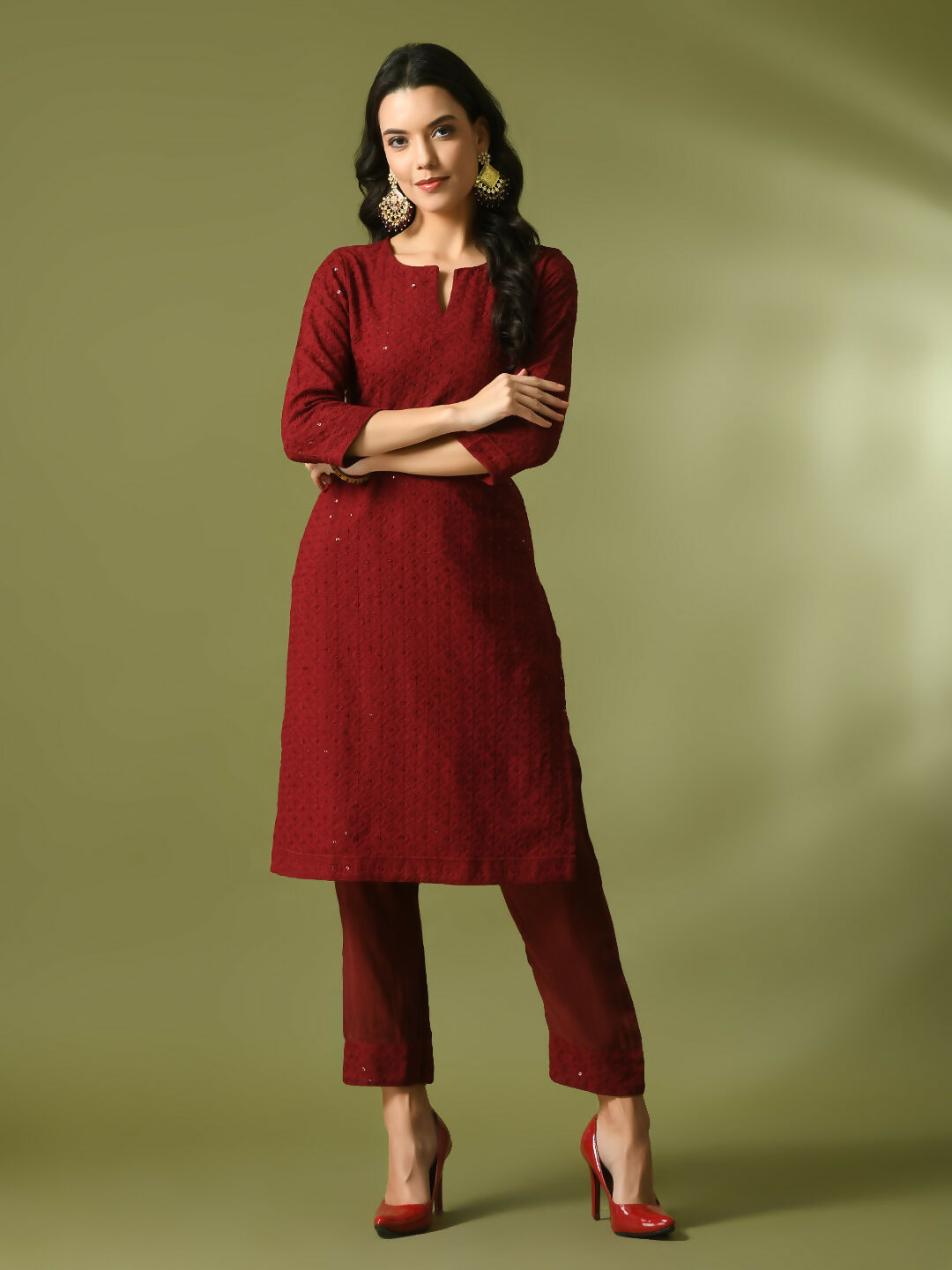 Myshka Women's Maroon Embroidered Cotton Straight Party Kurta Set - Distacart