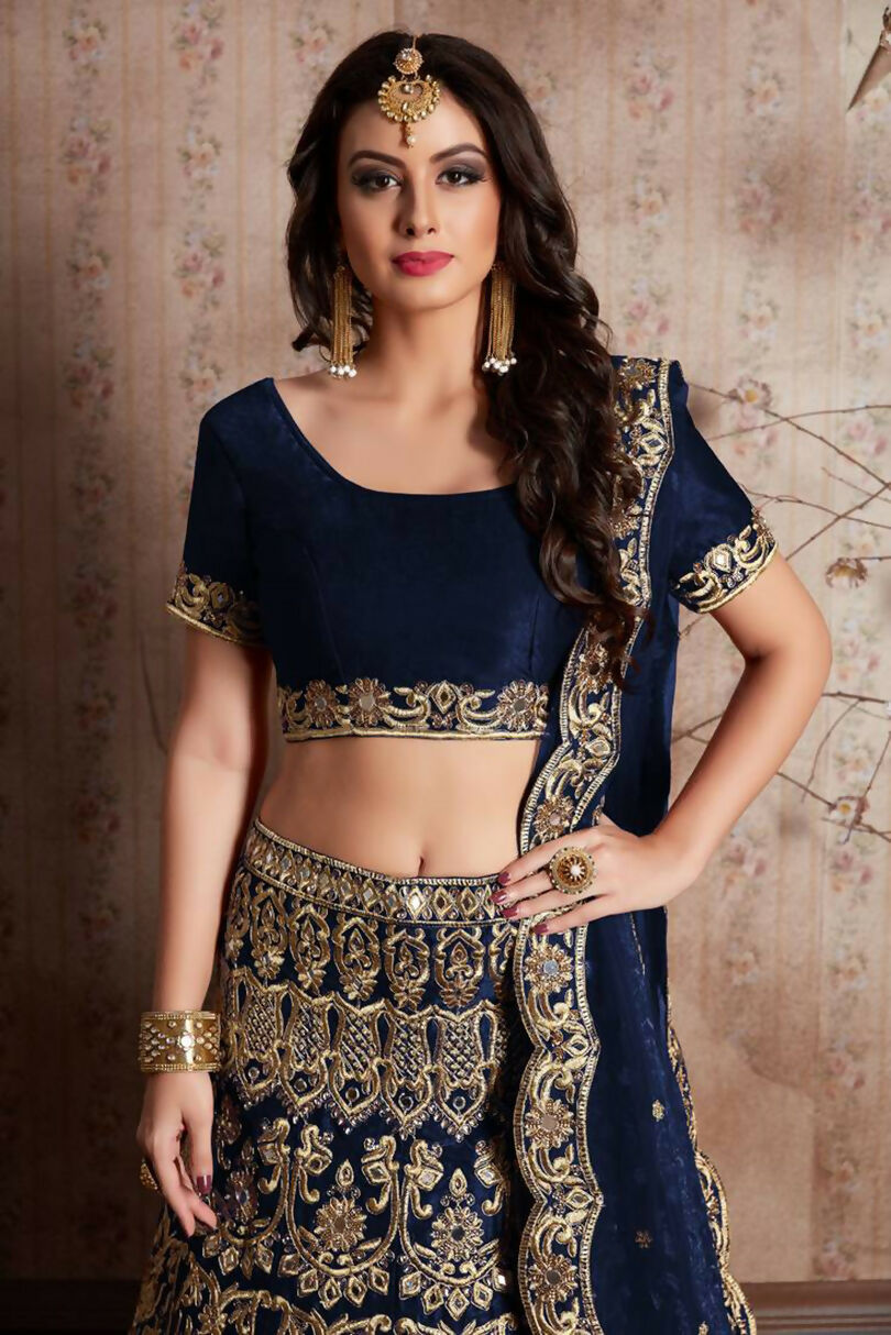 Jyoti Fashion Mesmerizing Navy Blue Sequins Embroidered Velvet Lehenga Choli with Dupatta - Distacart