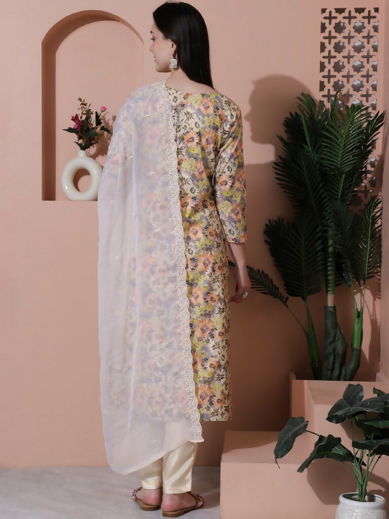 Jyoti Fashion Women's Multicolor Cotton Floral Digital Printed Kurta with Trouser & Dupatta - Distacart
