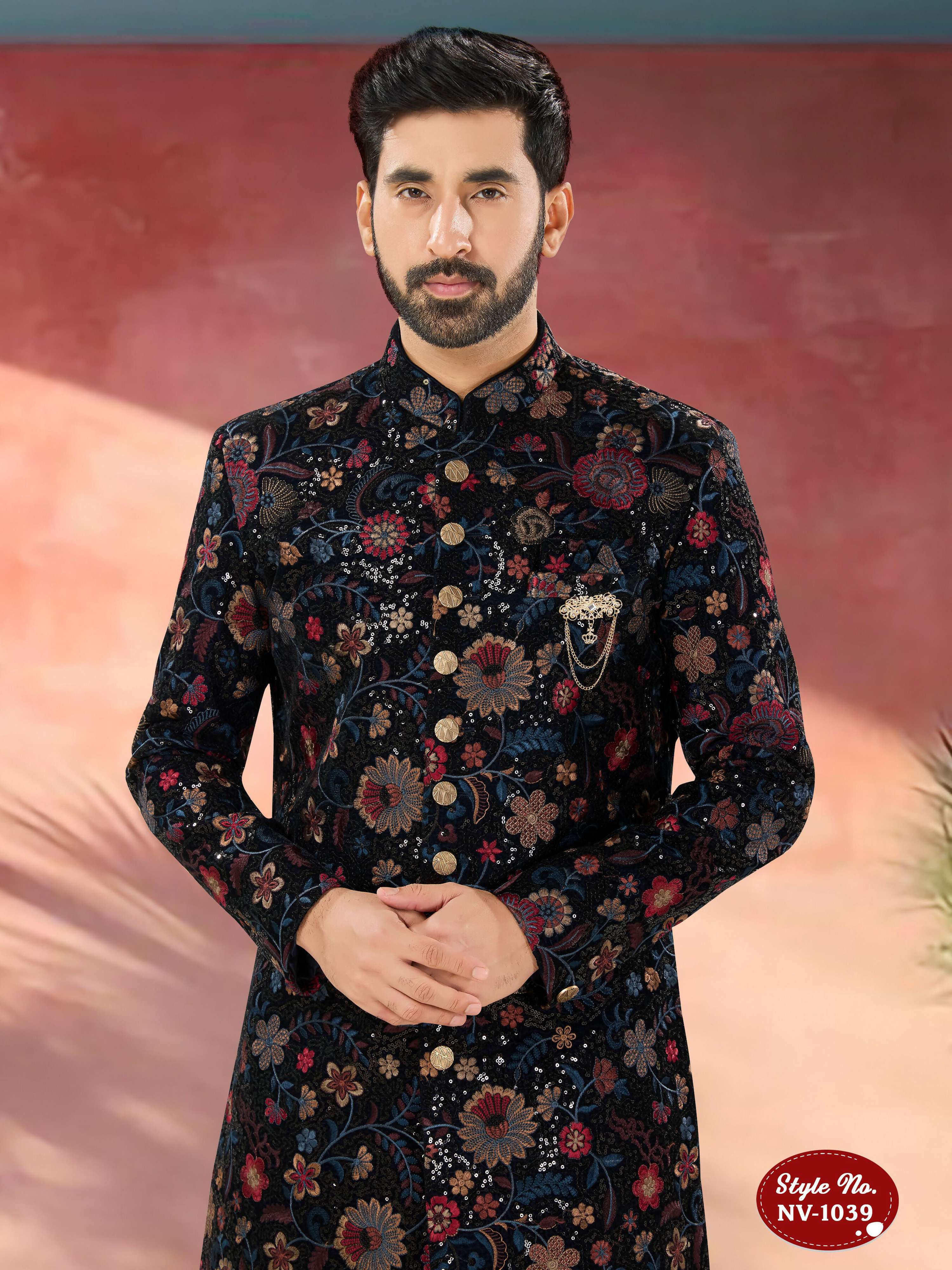 Joban Fashion Men's Blue Base Multi-Colour Straight Velvet Heavy Thread And Sequence Embroidary All Over Indo-Western Kurta Set - Distacart