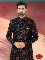 Thumbnail for Joban Fashion Men's Blue Base Multi-Colour Straight Velvet Heavy Thread And Sequence Embroidary All Over Indo-Western Kurta Set - Distacart