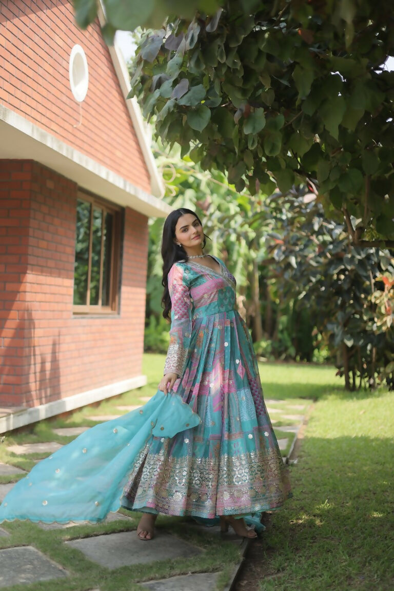 Jyoti Fashion Women's Sky Blue Russian Silk Digital Print with Embroidered Anarkali Dress with Dupatta - Distacart