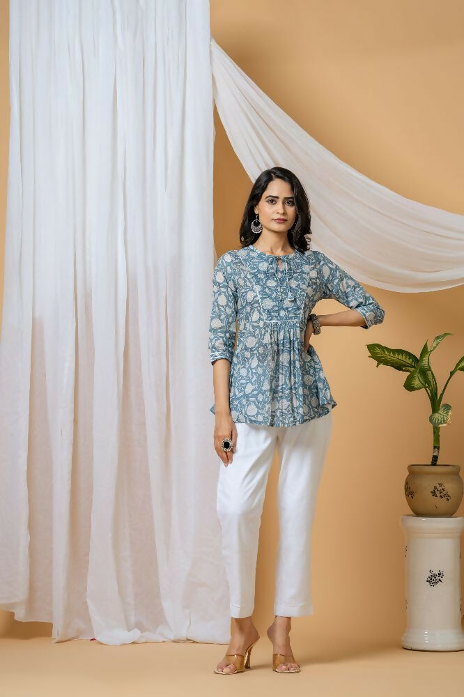 Joban Fashion Blue Floral Hand Block Printed Cotton Co-Ord Set - Distacart