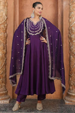 Thumbnail for The52 Wine Women's Gorgeous Vichitra Silk Fabric Embroidered Work Flared Anarkali Pant and Dupatta Set