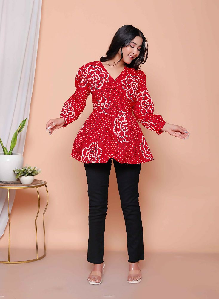 Miravan Womens Red Bandhani Printed Cotton Butterfly Design Top - Dista