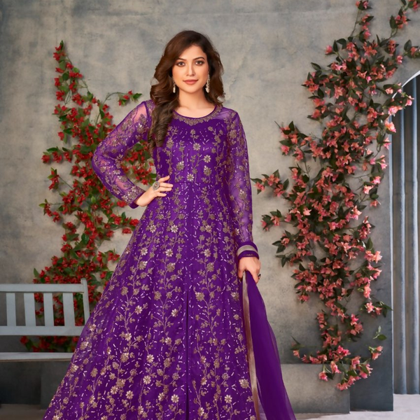 Anaita Purple Embroidered Net Stitched Anarkali suit - Distacart
