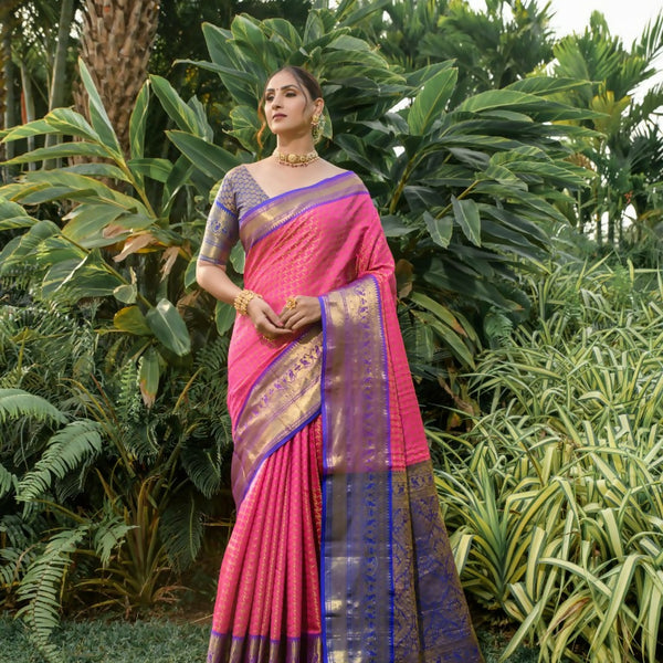 Jyoti Fashion Women's Pink Kanjivaram Silk Zari Woven Saree with Blouse - Distacart