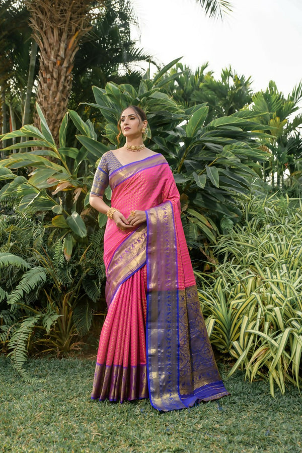 Jyoti Fashion Women's Pink Kanjivaram Silk Zari Woven Saree with Blouse - Distacart