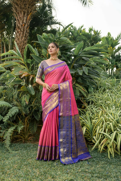 Jyoti Fashion Women's Pink Kanjivaram Silk Zari Woven Saree with Blouse - Distacart