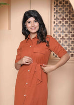 Thumbnail for Miravan Womens Rust Solid Midi Dress And Side Belt
