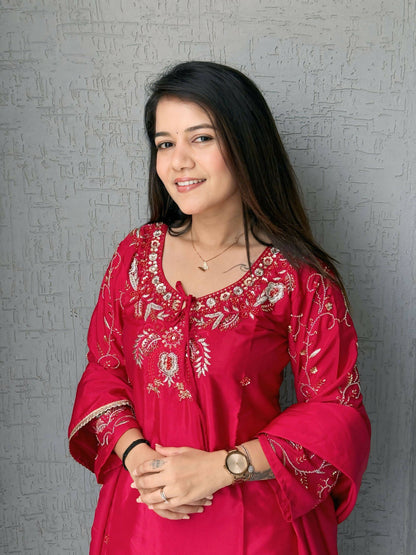 Anaita Red Crape Readymade Kurti Set with Beads Sequence Work - Distacart