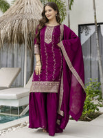 Thumbnail for The52 Wine Beautiful Embroidered Vichitra Silk Fabric Straight Kurta, Palazzo and Dupatta Set - Distacart
