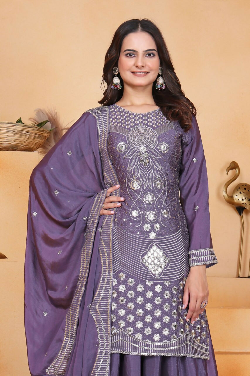Joban Fashion Purple Silk Embroidered Sharara Set - Distacart