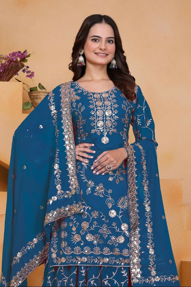 Lehenga Mart Designer Sharara Suit With Kurta, Sharara, Dupatta For Women-Teal Blue - Distacart