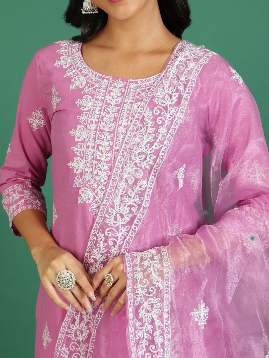 Sangria Embroidered Pure Cotton Round- Neck Kurta & Trousers With Dupatta - Distacart