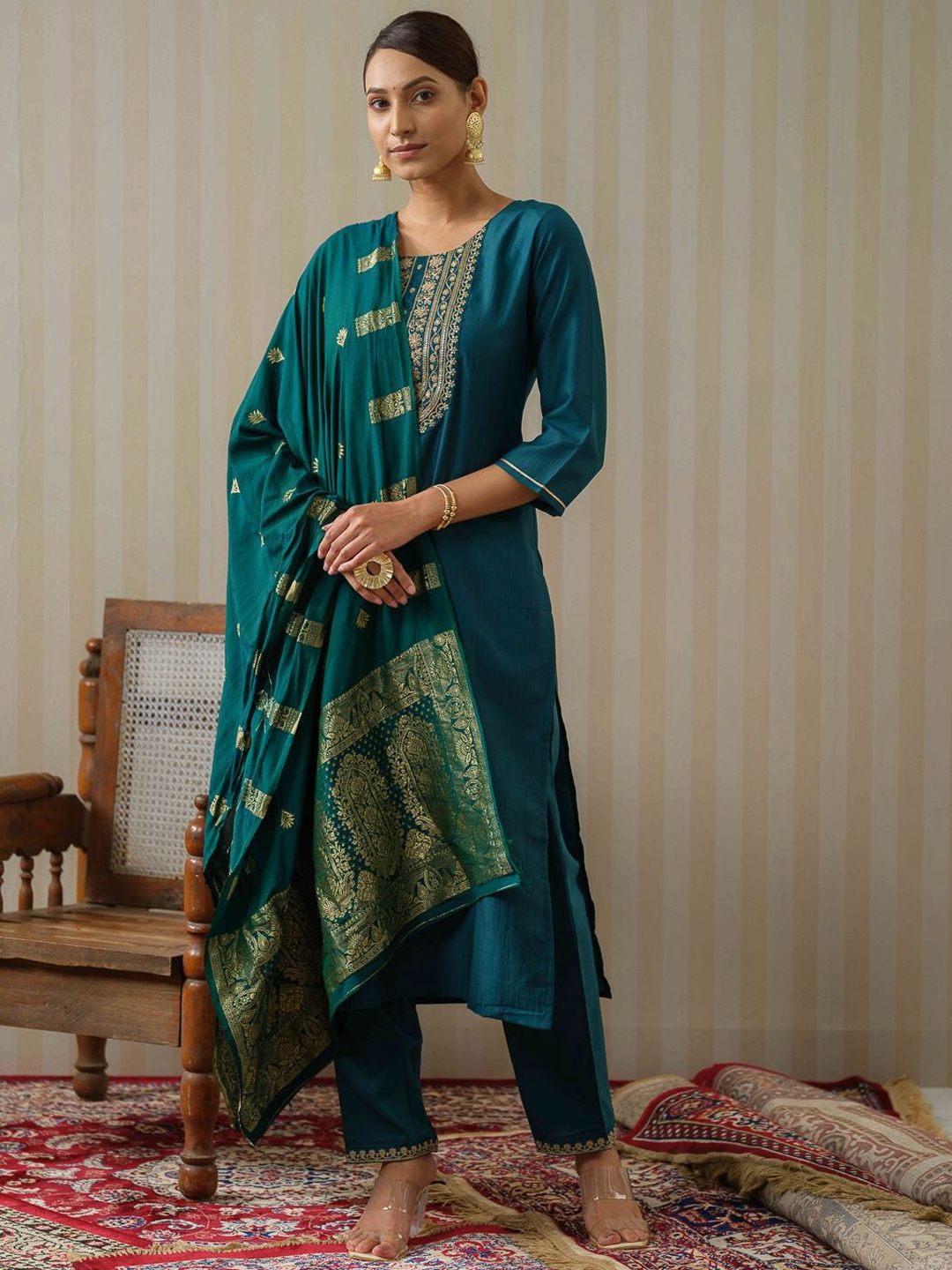 Ode by House of Pataudi Ethnic Motifs Embroidered Straight Kurta & Trousers With Dupatta - Distacart