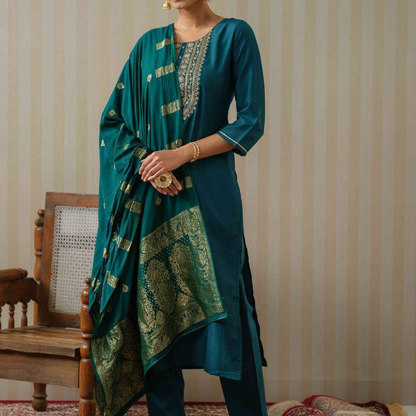 Ode by House of Pataudi Ethnic Motifs Embroidered Straight Kurta & Trousers With Dupatta - Distacart