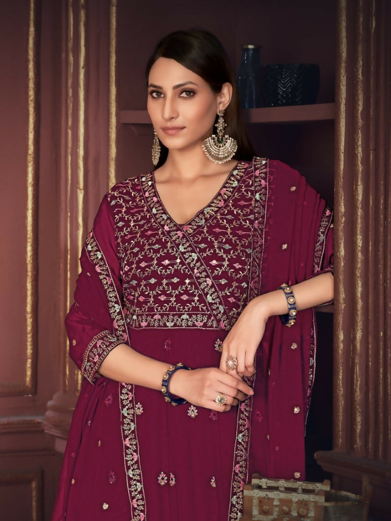 Jyoti Fashion Women's Rani Pink Georgette Embroidered Anarkali Kurta Pant Set With Dupatta - Distacart
