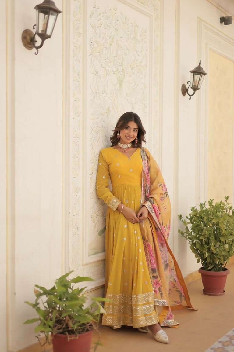 Aastha Fashion Women's Yellow Faux Georgette Embroidery Zari Sequins-work Gown with Dupatta - Distacart