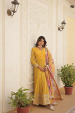 Thumbnail for Aastha Fashion Women's Yellow Faux Georgette Embroidery Zari Sequins-work Gown with Dupatta - Distacart