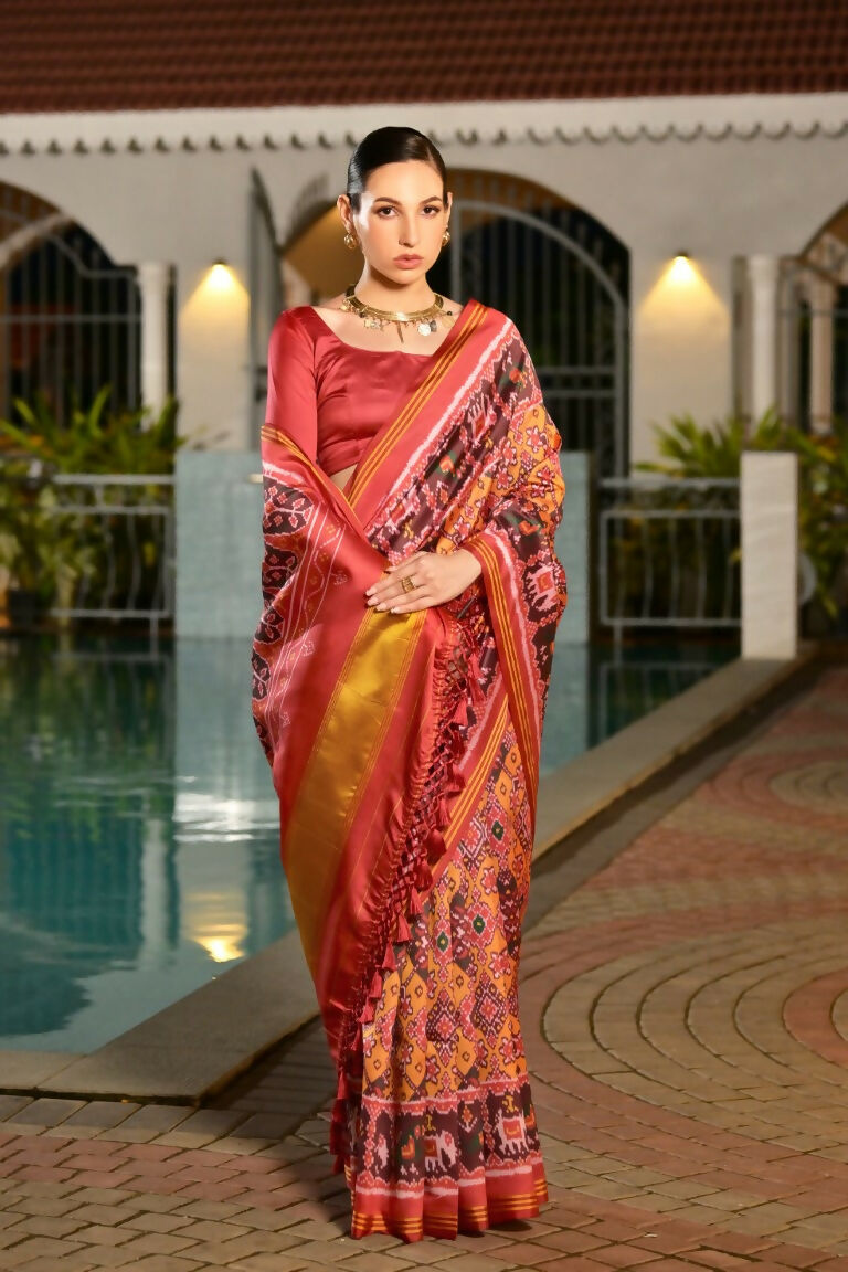 Vishnu Weaves Women's Mustard Banarasi Silk Patola Printed Saree with Blouse