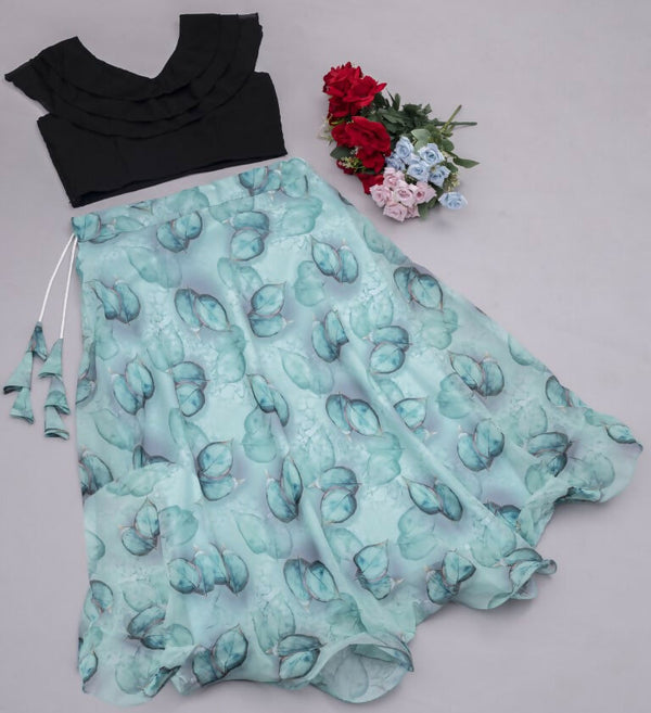 Preksha Creation Indian Festive Georgette Digital Print Women Lehenga Choli And Crop Top - Black & Green - Distacart