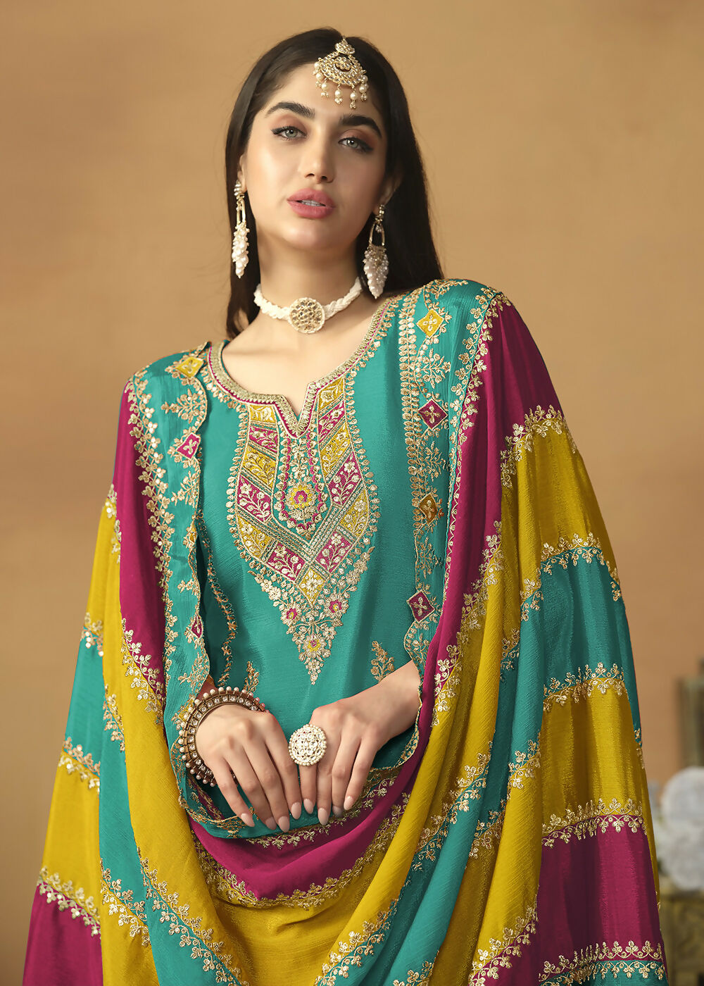 Chinnon Silk Turquoise Salwar Suit with Multicolor Dupatta - Emponline - Distacart