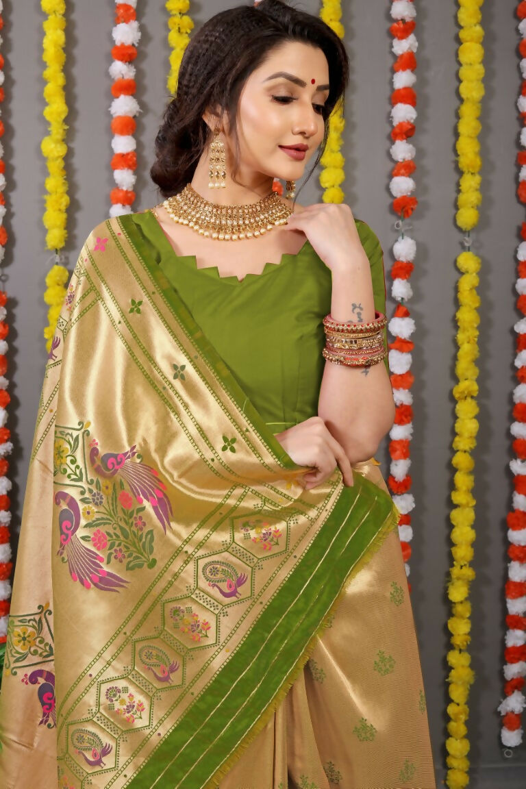 Jyoti Fashion Women's Green Paithani Silk Zari Woven Saree with Blouse - Distacart