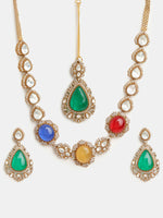 Thumbnail for Ruby Raang 22k Gold Polished Stonework Kundan Necklace With Earrings And Maang Tikka