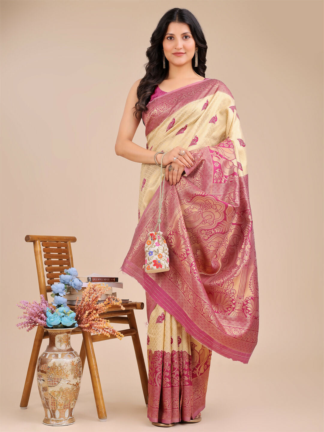 Astita Banarasi Silk Cream & Magenta Saree