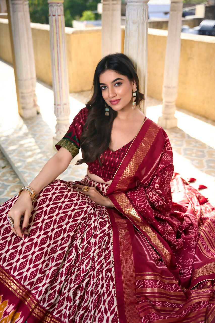 Vastranavya Designer Ikkat Print With Foil Work Lehenga Choli - Maroon - Distacart