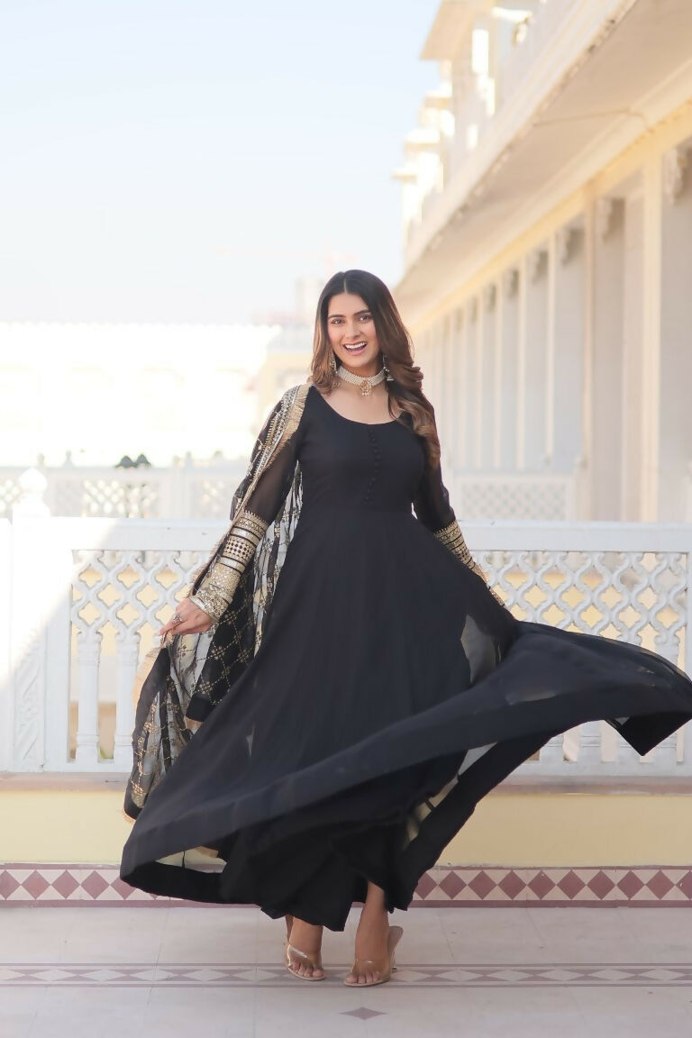 Jyoti Fashion Women's Black Faux Blooming Sequins Zari Embroidered Anarkali Dress with Dupatta - Distacart