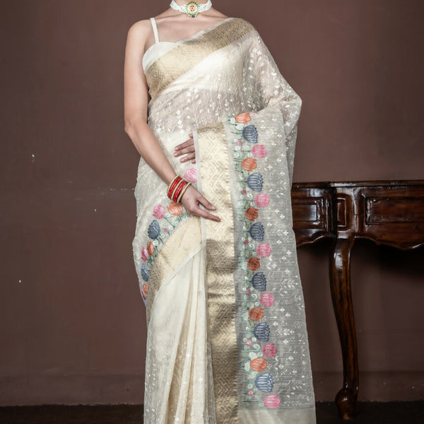 Morchari Beige Banarasi Tissue Computer Embroidery Saree Unstitched Blouse - Distacart