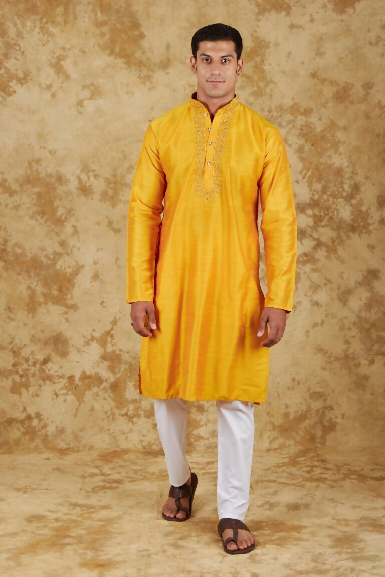 Bluesaanchi Men's Handloom Embroidered Yellow Kurta Set - Distacart