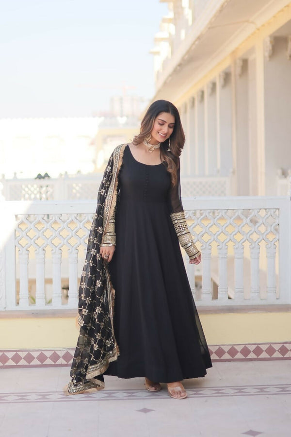 Jyoti Fashion Women's Black Faux Blooming Sequins Zari Embroidered Anarkali Dress with Dupatta - Distacart
