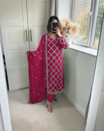 Thumbnail for Preksha Creation Indian Festival Special Women Faux Georgette Sequence Embroidered Work Top And Pant With Dupatta - Red - Distacart