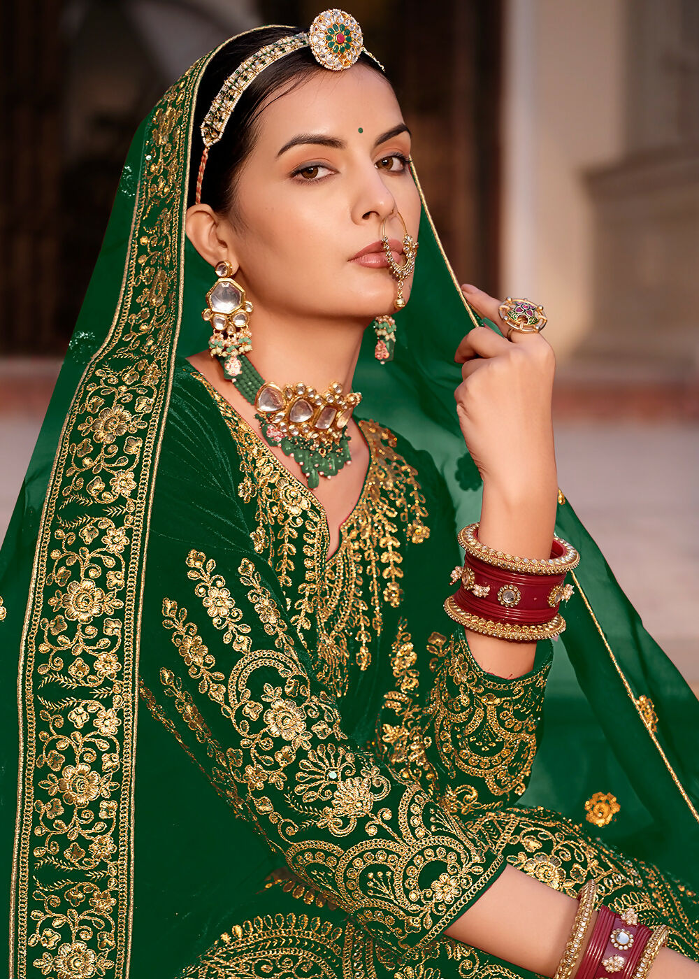 Green Velvet Front & Back Embroidery Wedding Anarkali Suit - Emponline - Distacart