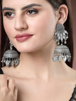Thumbnail for NVR Women's Silver-Plated Oxidised Artificial Stones Dome Shaped Jhumka Earrings - Distacart