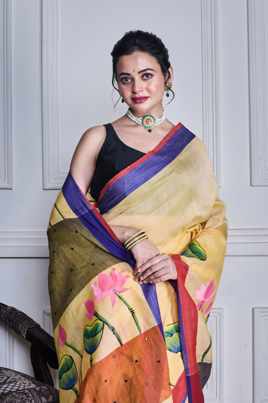 Morchari Multicolour Cotton Handloom Mirror Work Saree Unstitched Blouse