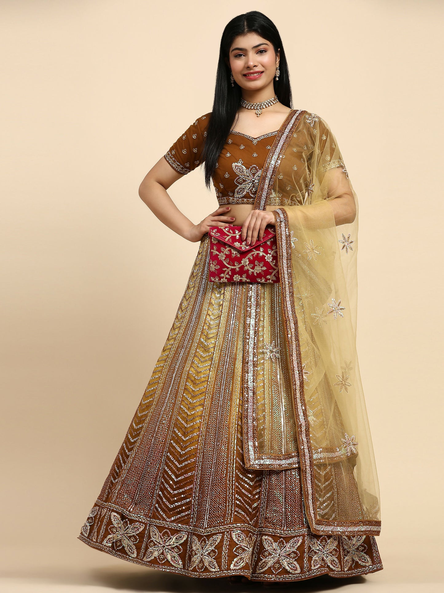 Brown Fancy Net Sequence Embroidered Lehenga Choli with Dupatta - Dhara - Distacart