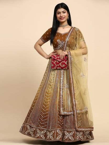 Brown Fancy Net Sequence Embroidered Lehenga Choli with Dupatta - Dhara - Distacart
