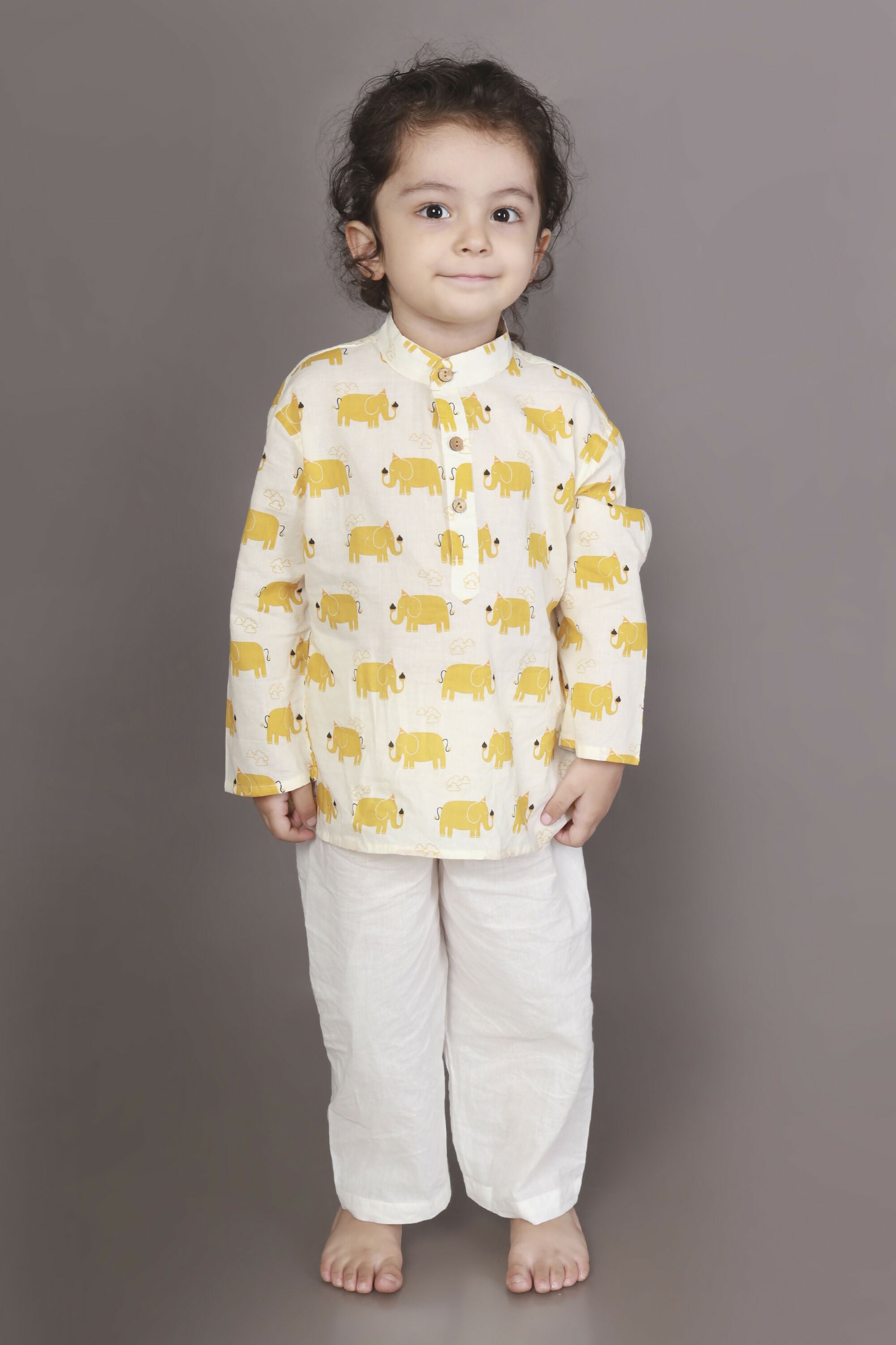 Breathables Kids Cotton Night Suit – Yellow Elephant Print Kurta & Pyjama Co-Ord Set For Boys & Girls - Dista