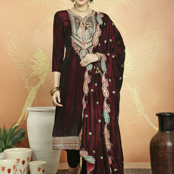 Jyoti Fashion Women's Maroon Velvet Cording with Resham Thread & Sequin Kurta with Trouser & Dupatta - Distacart